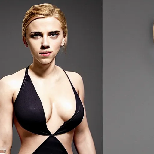 Image similar to a woman who is a genetic combination of scarlett johansson and emma watson face and upper - body focus