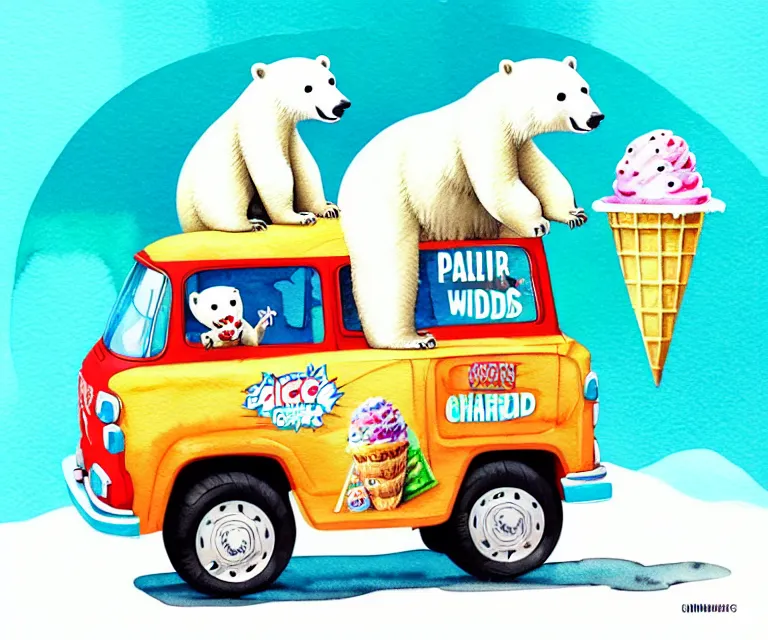 Image similar to cute and funny, polar bear riding in a tiny ice cream truck, ratfink style by ed roth, centered award winning watercolor pen illustration, isometric illustration by chihiro iwasaki, edited by craola, tiny details by artgerm and watercolor girl, symmetrically isometrically centered