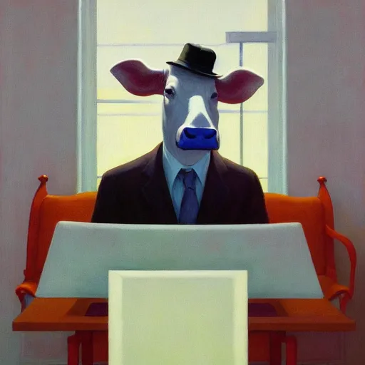 Image similar to Portrait of mr. Cow wearing a business suit , very coherent, painted by Edward Hopper, Wayne Barlowe, painted by James Gilleard, airbrush, art by JamesJean