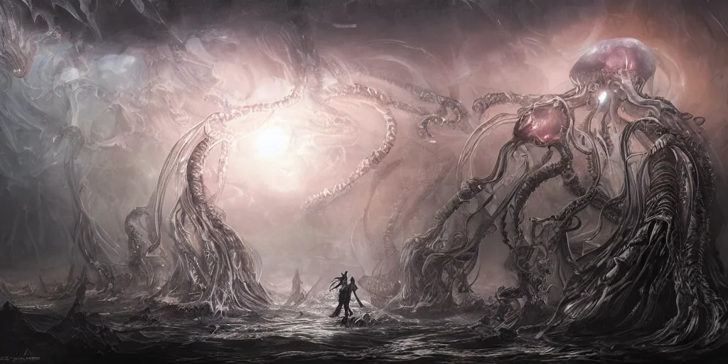 Prompt: concept art of giant translucent glowing jellyfishes, lovecraftian, lots of teeth, melting horror, round moon, rich clouds, fighting the horrors of the unknown, high resolution, very detailed, roaring, volumetric light, mist, grim, fine art, decaying, textured oil over canvas, epic fantasy art, very colorful, ornate, anato finnstark