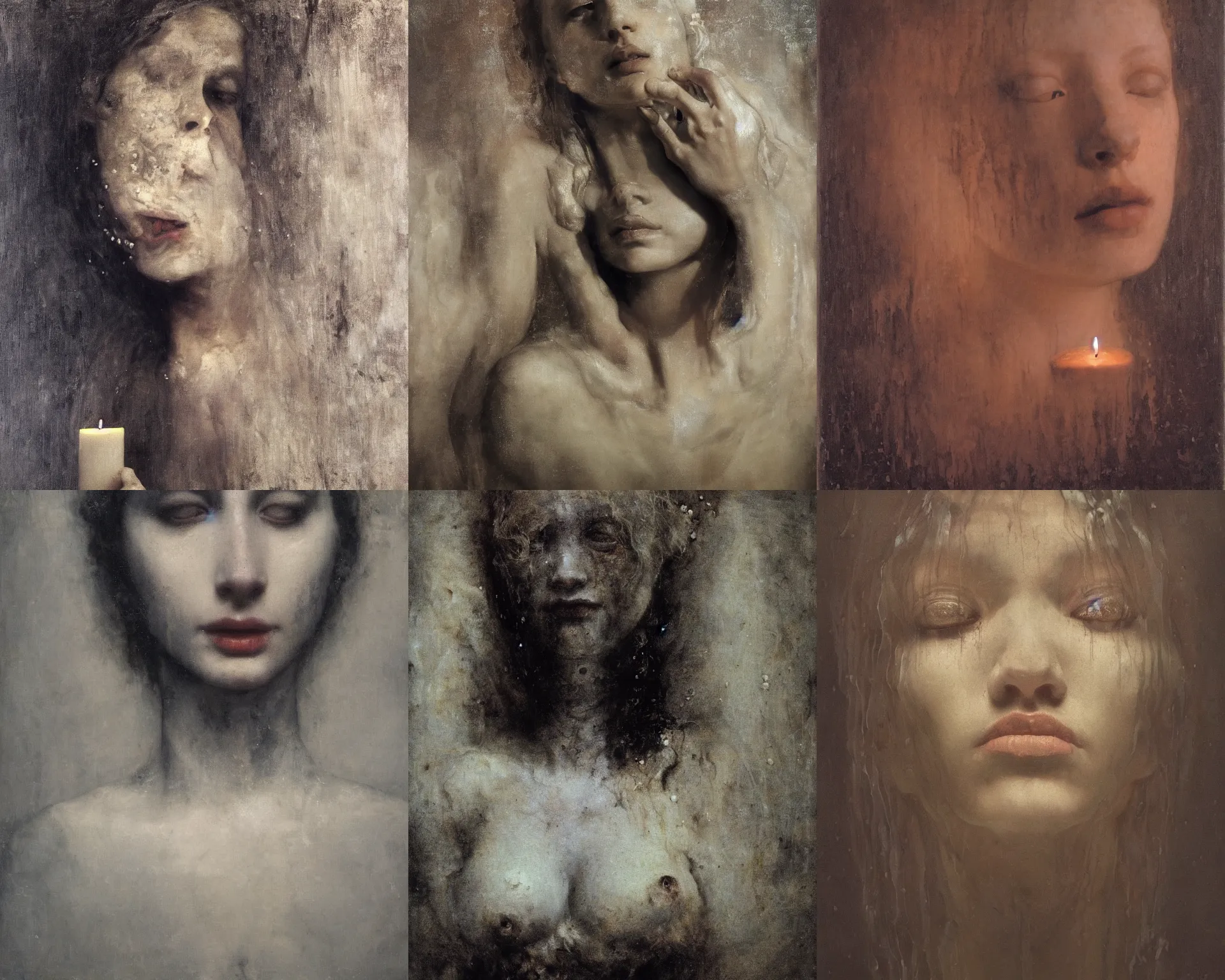 Prompt: The portrait of beautiful pale women melted like wax with many white candles by Nicola Samori, Ilya Repin, William Blake, Michelangelo da Caravaggio and Beksinski, black background, highly detailed oil painting, trending on artstation, dramatic volumetric lighting, 4k, masterpiece