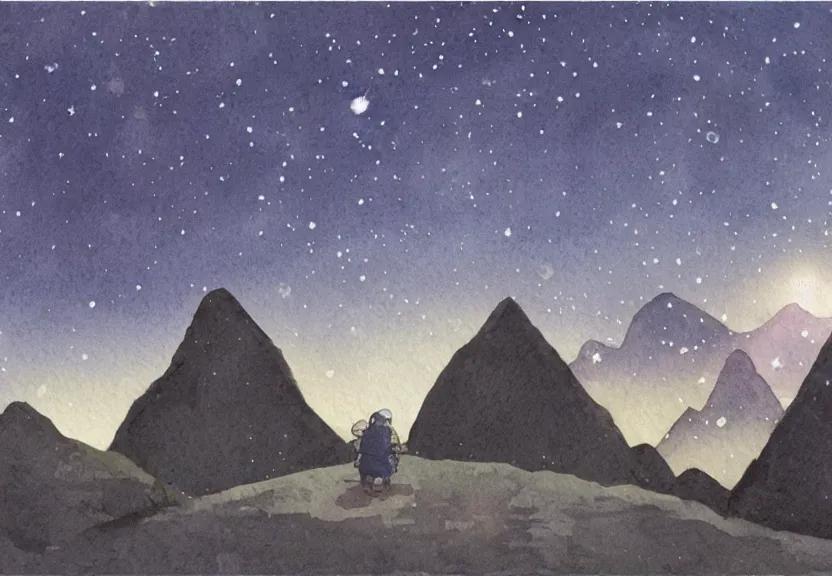 Image similar to a cell - shaded watercolor concept art from a studio ghibli film showing one giant grey ufo. in the background is machu pichu on a misty and starry night. by studio ghibli. very dull muted colors