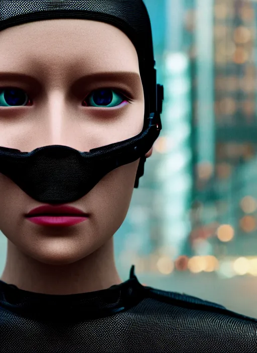 Image similar to cinestill 5 0 d photographic portrait of loving female androids wearing rugged black mesh techwear in a desolate american city, extreme closeup, modern cyberpunk, dust storm, 8 k, hd, high resolution, 3 5 mm, f / 3 2, ultra realistic faces, ex machina