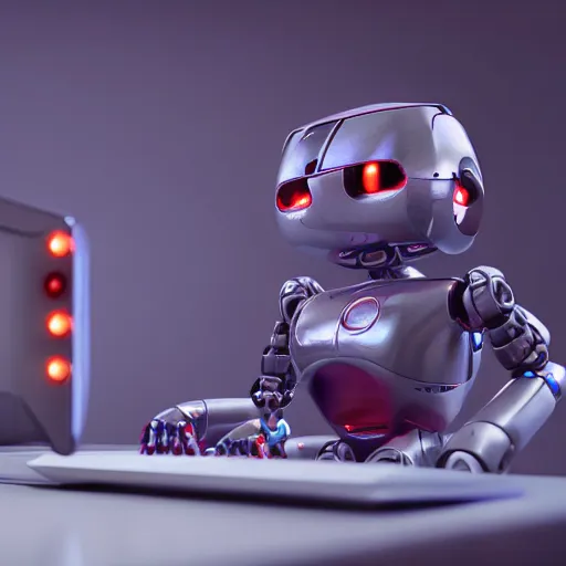 Image similar to toy robot typing on a computer, dslr, 8 k, octane beautifully detailed render, warm mood, cinematic lighting, detailed photo, masterpiece, volumetric lighting, ultra realistic, highly detailed, high quality, lossless, photorealistic