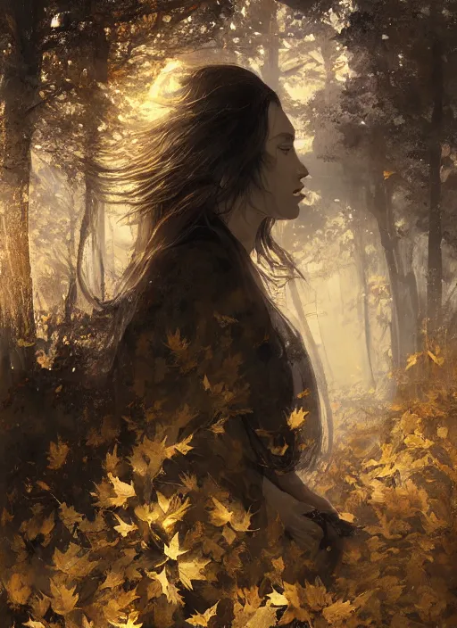 Prompt: golden leaves at frame border, creative composition for a book cover, moon, beautiful portrait painting by jeremy mann, a female witch absurdly beautiful, ultrafine hyperrealistic detailed face by wlop and artgerm and greg rutkowski, intricate linework, sharp focus, smooth, octopath traveler, final fantasy, unreal engine, dramatic lighting, ethereal, 8 k