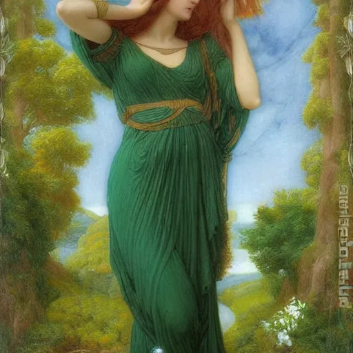 Image similar to Pre-Raphaelite goddess of nature in the style of John William Godward