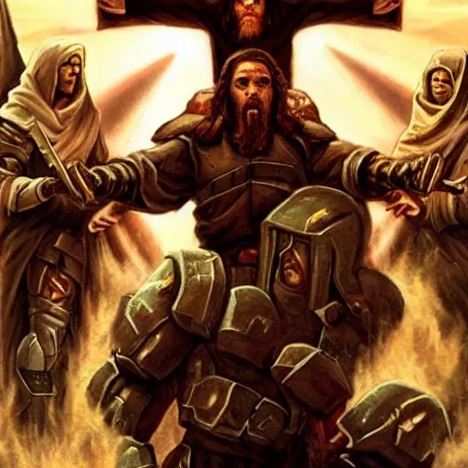 Image similar to Jesus Christ is the doom slayer, conquering demons