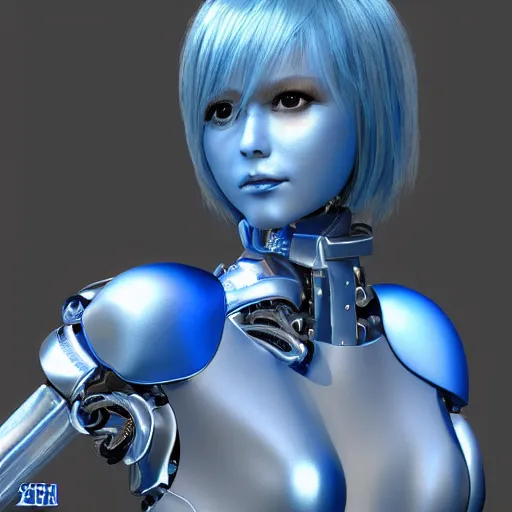 Prompt: womanized humanoid robot made of steel, beautiful face!!, short blue hair!!!, big breasts!, anatomically correct, futuristic, glowing details!, symmetrical!, unreal engine 5, ray tracing, natural shaders, vfx, 8 k, uhd, ultrarealistic, clear, sharp, highly detailed