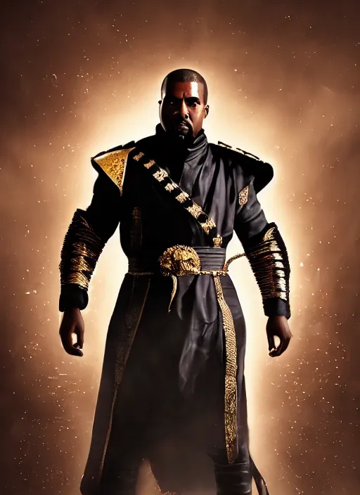 Image similar to kanye west as emperor napoleon in mortal kombat, splash art, movie still, cinematic lighting, dramatic, octane render, long lens, shallow depth of field, bokeh, anamorphic lens flare, 8 k, hyper detailed, 3 5 mm film grain