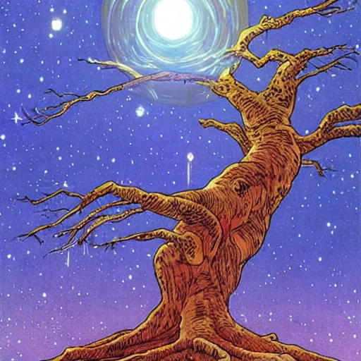 Prompt: a large tree rooted in a galactic crystal hovering in space, by moebius