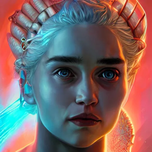 Image similar to lofi biopunk daenerys targaryen portrait with dragons, Pixar style, by Tristan Eaton Stanley Artgerm and Tom Bagshaw.