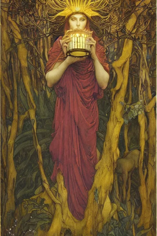 Image similar to queen of the forest with her lantern by Annie Swynnerton and Nicholas Roerich and jean delville, strong dramatic cinematic lighting , ornate headdress , flowing robes, lost civilizations, smooth, sharp focus, extremely detailed