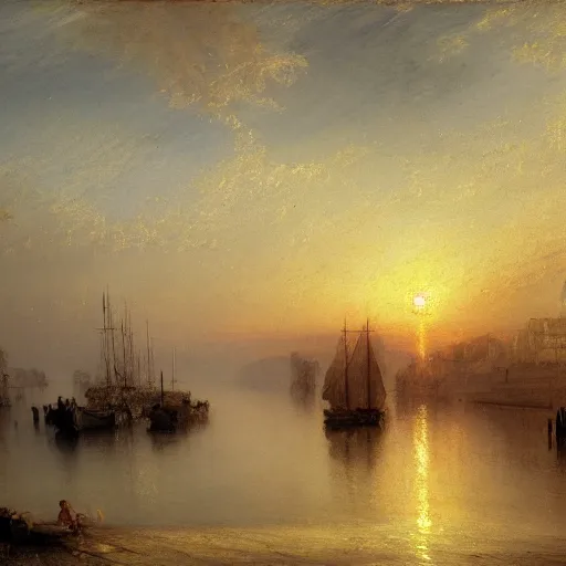 Prompt: a beautiful boat dock in a seaside fishing village, painting by asher brown durand, j. m. w turner, jasper cropsey, atmospheric, sunset, magic hour, concept art, artstation