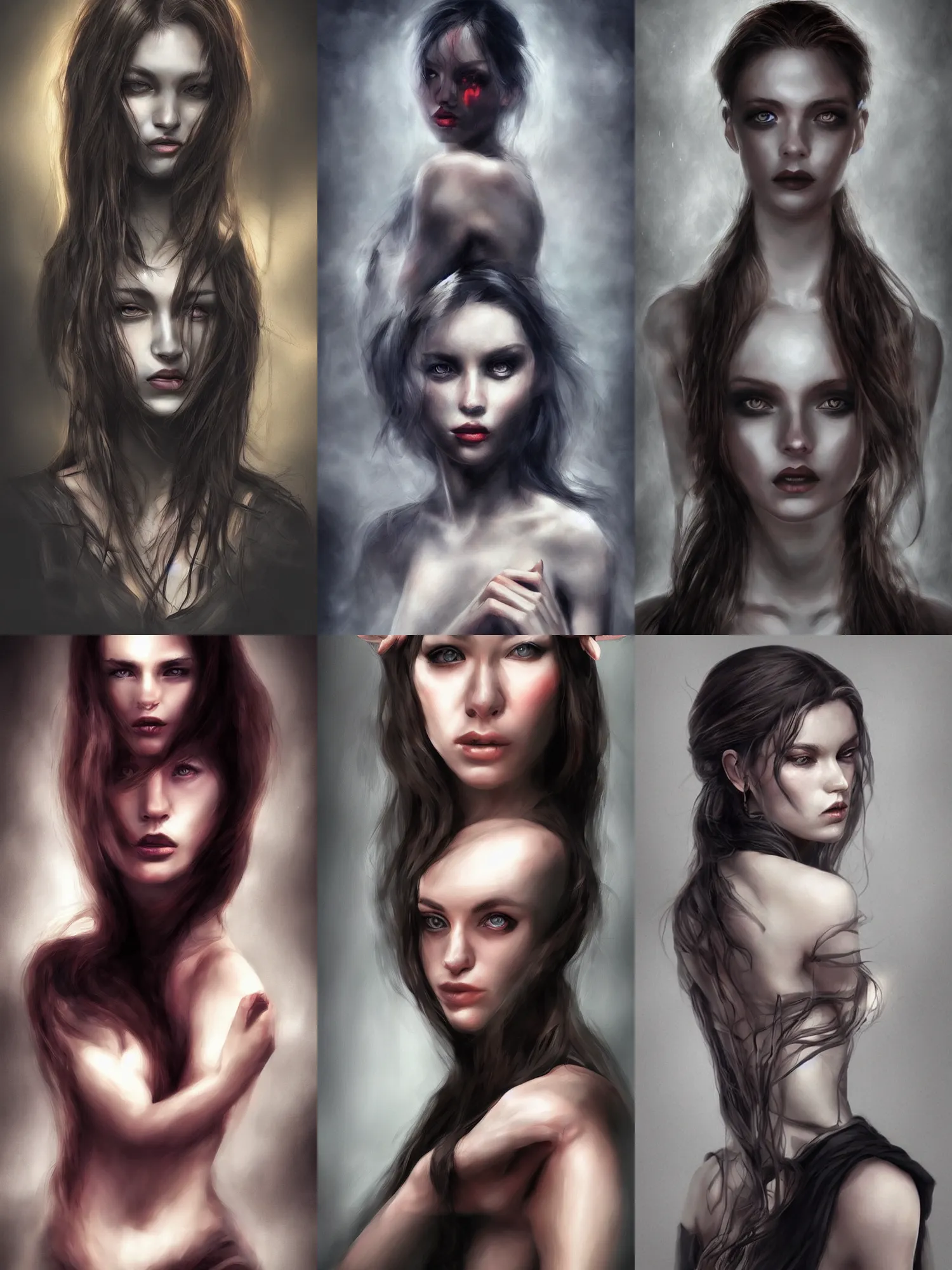 Prompt: beautiful half body portrait art, queen of darkness, realistic digital art, dark lighting,