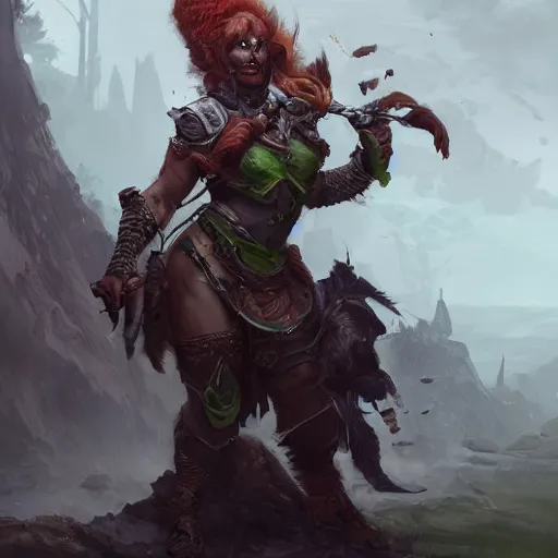 Prompt: a full bodied character portrait of a green orc warrior woman in full plate armor bald with a ponytail, by greg rutkowski, wlop, astri lohne, wei wang, trending on artstation