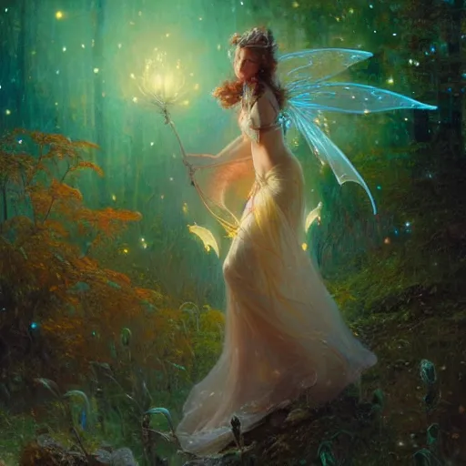 Image similar to attractive, fairy, woman, in the night, fantasy, crescent moon in background, luminous, toadstools, fireflies, fantasy, mist, highly detailed painting by gaston bussiere, craig mullins, j. c. leyendecker, mid shot, 8 k realistic, sharp focus