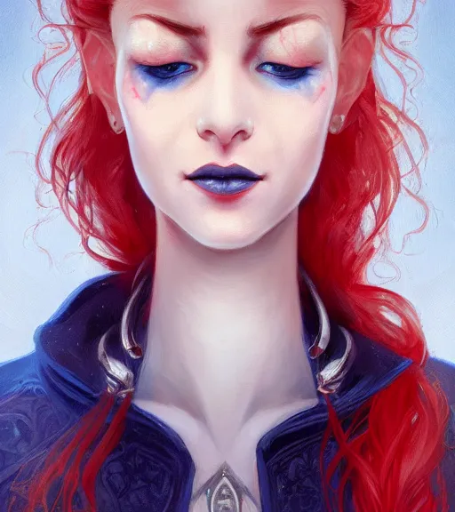 Prompt: A detailed matte oil on canvas head on symmetrical portrait of a distinguished elven woman with red and blue hair by Charlie bowater and lise deharme wlop, trending on artstationhd, dungeons and dragons art critical role