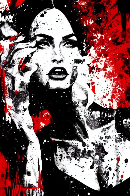 Image similar to dream of a film still from sin city, closeup portrait of film noir megan fox private detective, detailed illustration, digital art, trending on artstation, frank miller, martin ansin, movie poster, paint splatter, black on red, graffiti, gta v,