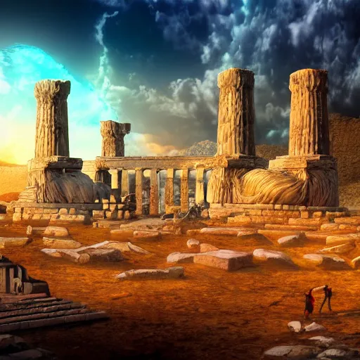 Image similar to Cinematic view of ancient fantasy city with greek architecture in a searing desert; fantasy art