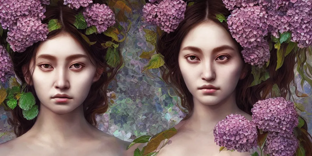 Image similar to breathtaking detailed concept art painting portrait of the goddess of hydrangea flowers, orthodox saint, with anxious piercing eyes, ornate background, amalgamation of leaves and flowers, by hsiao - ron cheng, extremely moody lighting, 8 k