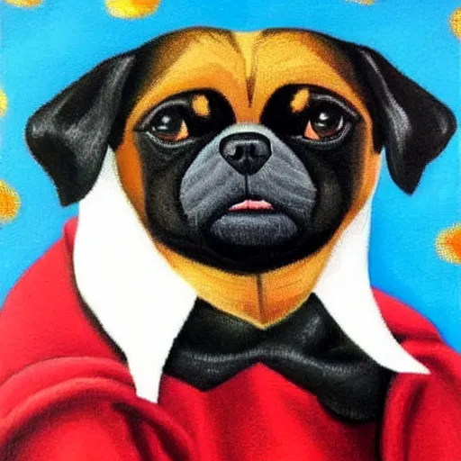 Image similar to portrait of black pugalier dog wearing an elvis costume, renaissance style painting