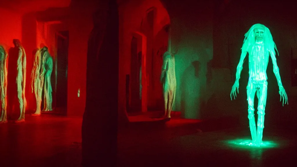 Image similar to the creature hanging out at church, made of glowing wax, they look me in the eye, film still from the movie directed by denis villeneuve and david cronenberg with art direction by salvador dali, wide lens