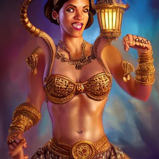 Image similar to a short haired genie, female, young, brown hair, brown skin, abs, emerging from her lamp, confident and smiling, insanely detailed and intricate, hypermaximalist, elegant, ornate, hyper realistic, super detailed, Art Deco, cinematic, trending on artstation, magic the gathering artwork, centered