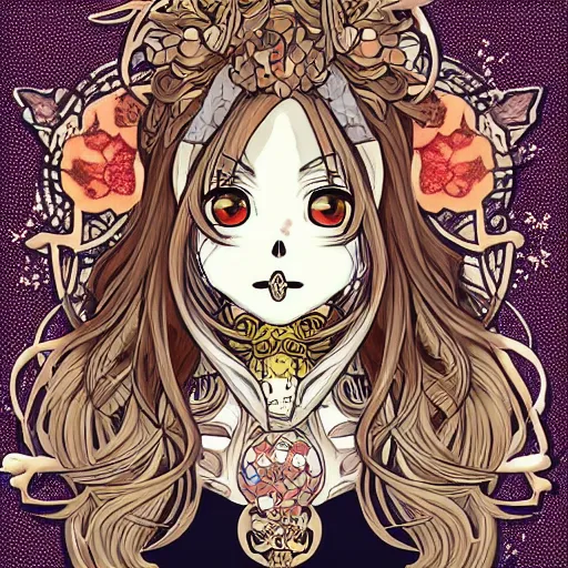 Image similar to anime manga skull portrait girl female lioness skeleton illustration with clouds and stars detailed style by Alphonse Mucha pop art nouveau detailed pattern