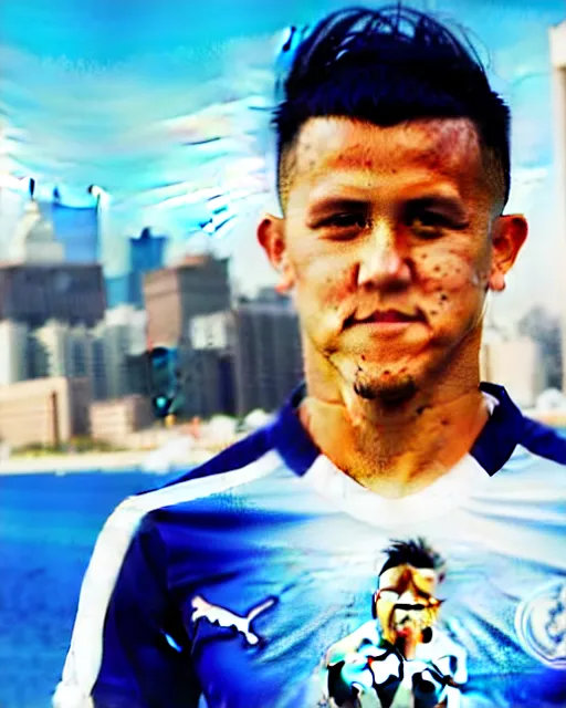 Image similar to portrait Anime Alexis Sanchez; white football shirt, Marseille beach in background || anime, manga cute-fine-face, pretty face, realistic shaded Perfect face, fine details. Anime. realistic shaded lighting by Katsuhiro, Otomo