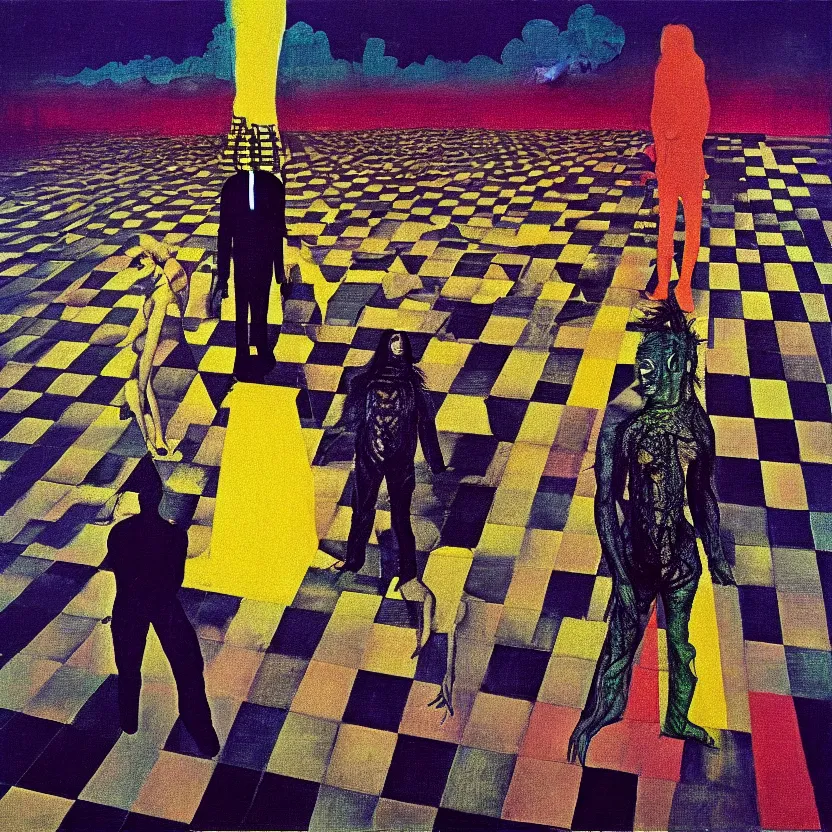 Prompt: two people standing on top of a checkered floor, an album cover by syd barrett, tumblr, neo - expressionism, darksynth, nightmare, cosmic horror