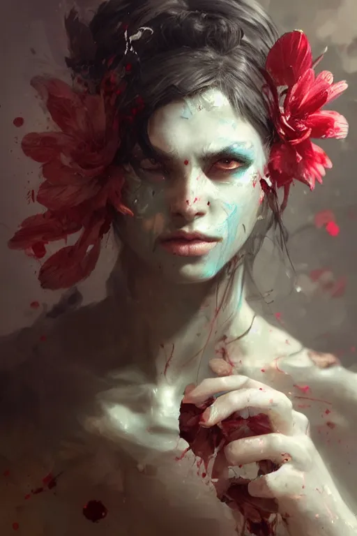 Prompt: abstract face closeup of beautiful girl predator covered with blood, 3 d render, hyper realistic detailed portrait, holding magic flowers, ruan jia, wlop. scifi, fantasy, hyper detailed, octane render, concept art, by peter mohrbacher, by wlop, by ruan jia