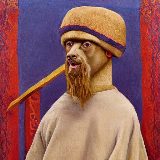 Image similar to slavic dog head man, woolen torso in medieval clothes, holding a weapon, orthodox, oil painting, concept art, hyperrealism, beautiful, high resolution, trending on artstation, by annie swynnerton and nicholas roerich, embroidered robes, elaborate costume, geometric ornament, symbolist, soft colors,,