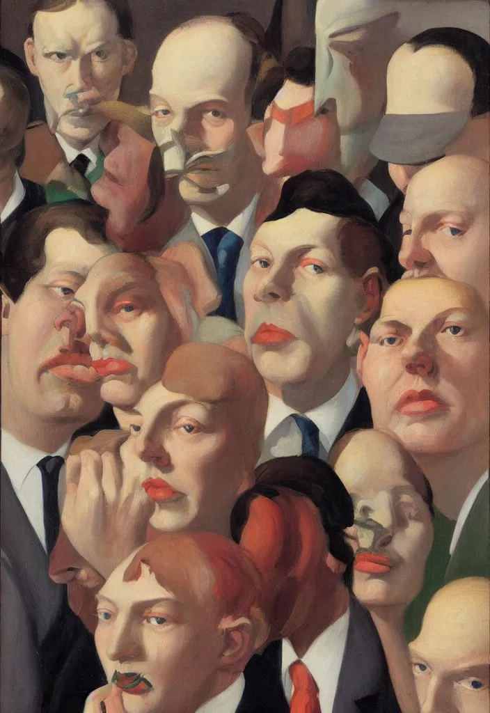 Image similar to small group of people, men and women, close - up of the faces, anatomically and proportionally correct : : surrealist oil painting by edward hopper, malcolm liepke, francis bacon and rene magritte, detailed