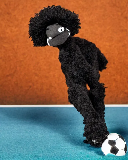 Image similar to a black poodle dog as a muppet playing soccer. highly detailed felt. hyper real photo. 4 k.