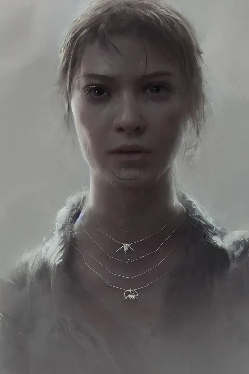 Prompt: A portrait of a women wearing a spider pendent by Greg Rutkowski, Sung Choi, Mitchell Mohrhauser, Maciej Kuciara, Johnson Ting, Maxim Verehin, Peter Konig, Resident evil , 8k photorealistic, cinematic lighting, HD, high details, dramatic, atmospheric , trending on artstation