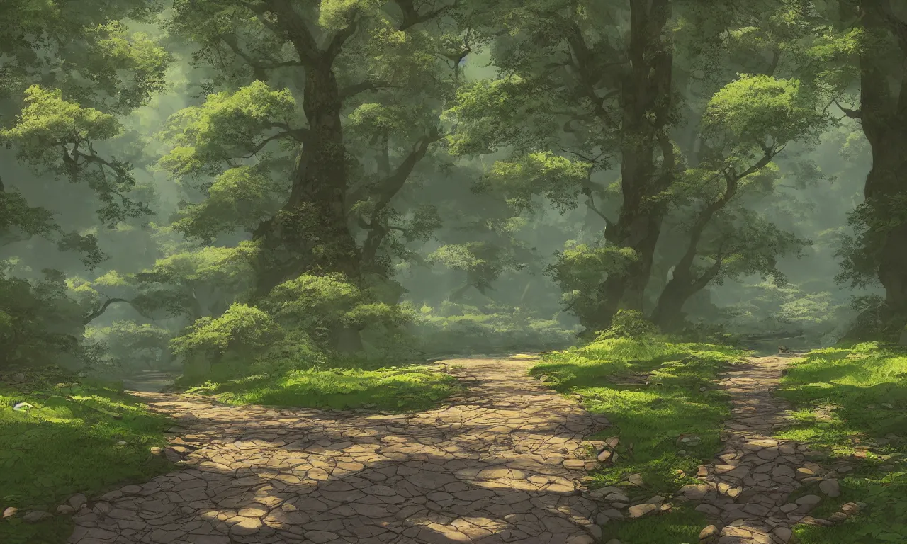 Image similar to path leading along river in the forest, soft lens, soft light, cel - shading, animation, in the style of cgsociety, deviantart, artstation, zbrush, cinema 4 d, studio ghibli, akihiko yoshida, atelier lulua, masamune shirow