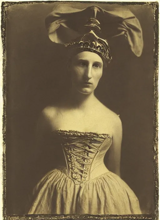 Image similar to portrait of young woman in renaissance dress and renaissance headdress, art by eugene atget