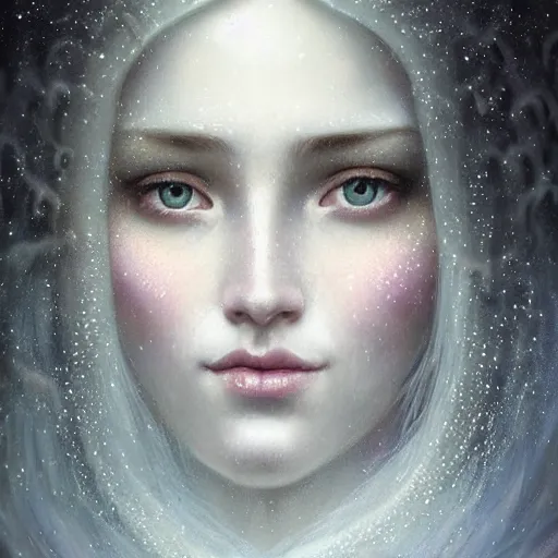 Image similar to Beautiful Delicate Detailed portrait of snow woman, With Magical grey eyes by Tom Bagshaw, Bastien Lecouffe Deharme, Erik Johansson, Amanda Sage, Alex Grey, Alphonse Mucha, Harry Clarke, Josephine Wall and Pino Daeni, Delicate winter frozen creature With long white windy Hair and Magical Sparkling Eyes, Magic Particles; Magic Swirls, in a oit of this world magical frozen landscape, 4K; 64 megapixels; 8K resolution concept art; detailed painting; digital illustration; hyperrealism; trending on Artstation; Unreal Engine Photorealistic, lifelike, Unreal Engine, sharp, sharpness, detailed, 8K