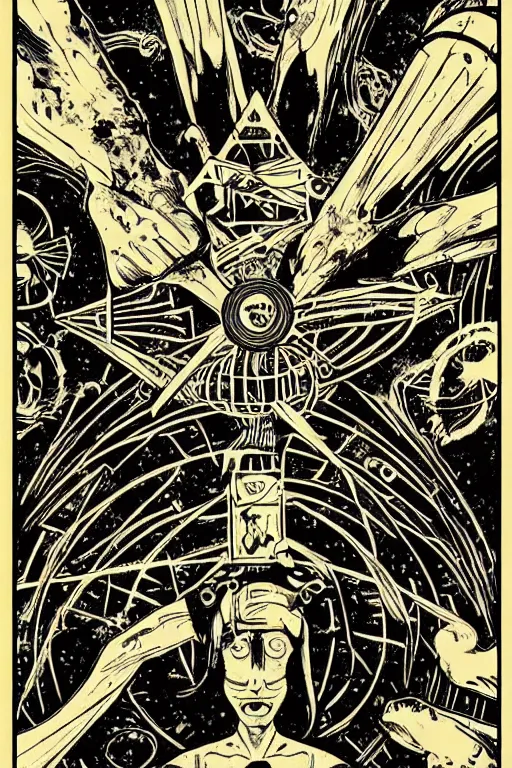 Prompt: digital collage art of tarot, occult, comic book art style, grey aliens, typography, ufos, vintage, apocalyptic, sci - fi, technology, gnosticism, surrealism,