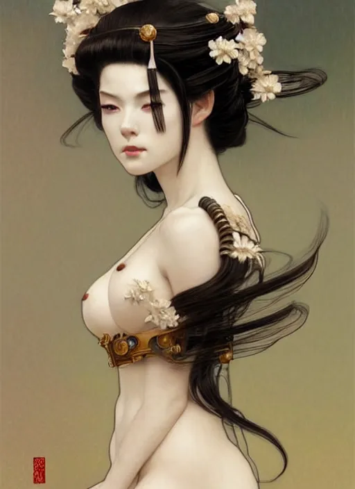 Prompt: soft and lustrous ivory ebony geisha organic cyborg, diffuse lighting, fantasy, intricate, elegant, highly detailed, lifelike, photorealistic, digital painting, artstation, illustration, concept art, smooth, sharp focus, art by john collier and albert aublet and krenz cushart and artem demura and alphonse mucha