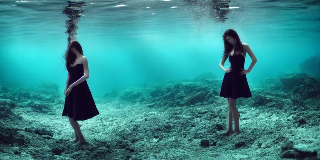 Image similar to deep underwater photography of beautiful model in flat dress by emmanuel lubezki