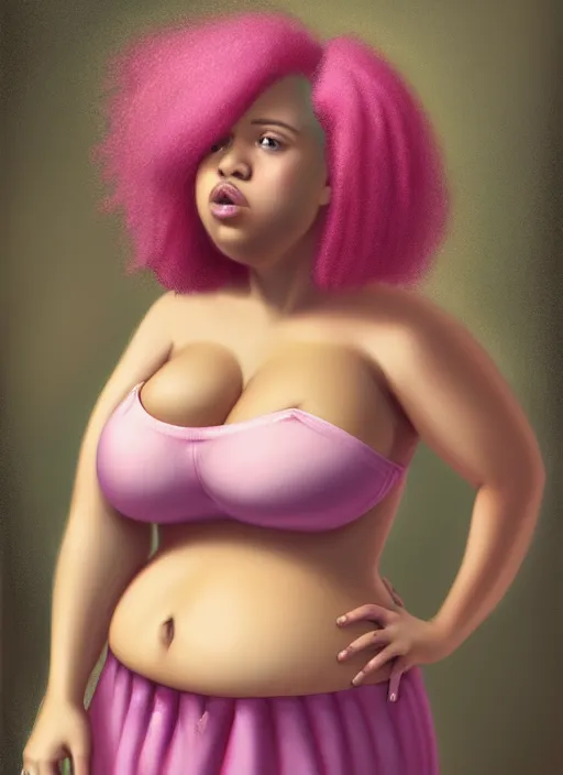 Image similar to full body portrait, teenage vanessa morgan, pink hair, obese, curly pixie hair, sultry, realistic, short hair, hoop earrings, skirt, shirt, fat, belly, black girl, intricate, elegant, highly detailed, digital painting, artstation, concept art, smooth, sharp focus, illustration, art by wlop, mars ravelo and greg rutkowski