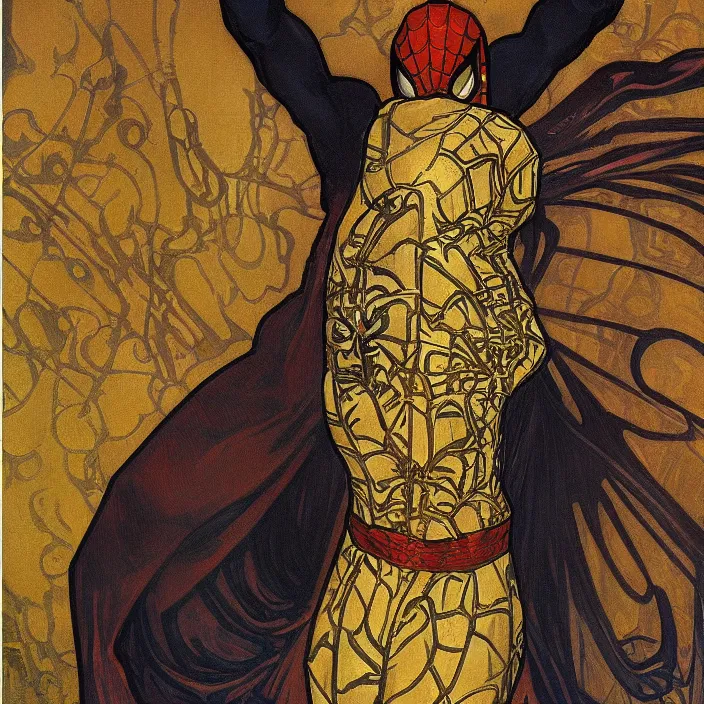 Image similar to A portrait of Spider-man, full-length, oil painting in a renaissance style , very detailed, gold background, painted by Alphonse Mucha.