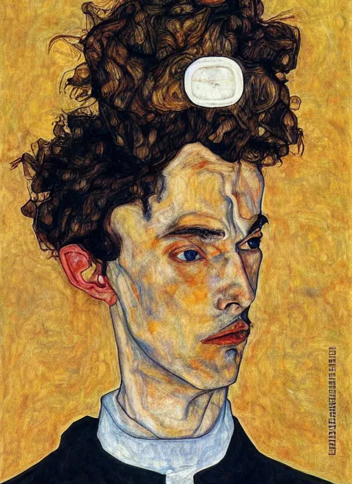 Prompt: creative coder with a computer, by egon schiele and quint buchholz, portrait, colorful, escher, detail