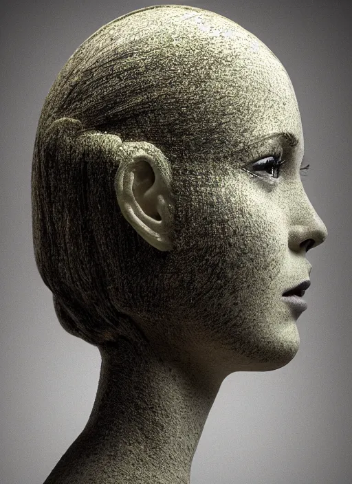 Prompt: a female android's face in profile, made of bonsai, in the style of the Dutch masters and Gregory Crewdson, dark and moody