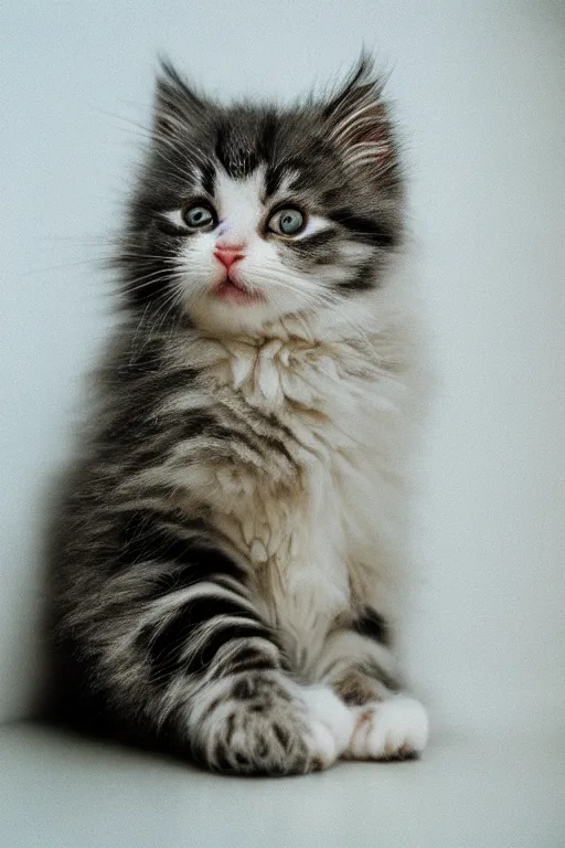 Image similar to “ fluffy kitten lying on cat tree, cotton, dim lighting, extremely high quality, leica m - a, lux 3 5 fle, portra 8 0 0 ”