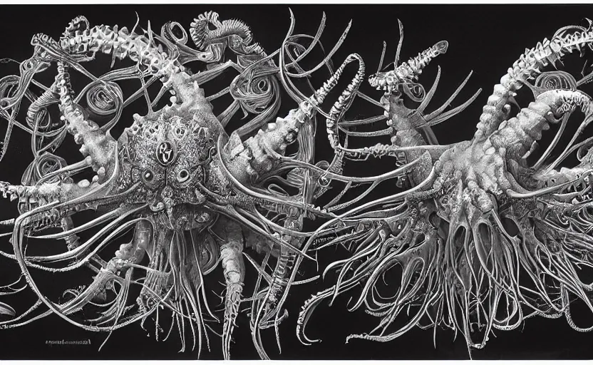 Image similar to sci - fi biomechanical, monster character design, fantasy. intricate jellyfish crab eagle lizard biomechanical. by ernst haeckel