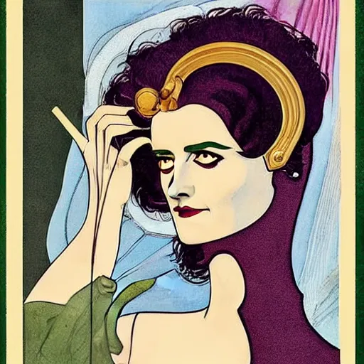 Image similar to Eva Green is Metamorpho, the Element Woman, Art by Coles Phillips, Chalk white skin, deep purple hair, Green eyes, Portrait of the actress, Eva Green as Metamorpho, geometric art, art deco, Alphonse Mucha, Vasily Kandinsky, carbon black and antique gold