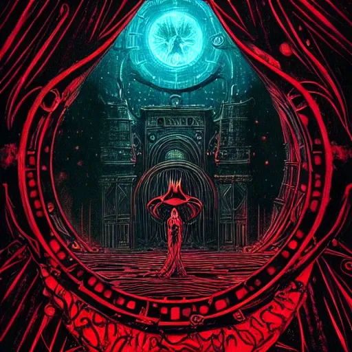 Prompt: red curtains, black paper + tarot card + eldritch god, vintage detailed sci-fi illustration designed by Marc Simonetti and Mike Mignola + psychedelic black light style + intricate ink illustration + symmetry + bloodborne, dark and mysterious, atmospheric, ominous, eerie, cinematic, 4k, ultra detail, ultra realistic