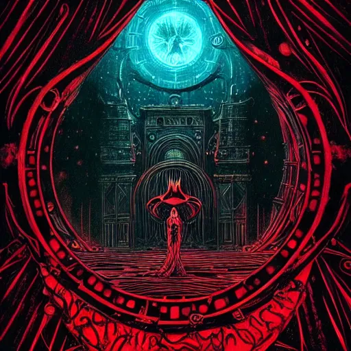 Image similar to red curtains, black paper + tarot card + eldritch god, vintage detailed sci-fi illustration designed by Marc Simonetti and Mike Mignola + psychedelic black light style + intricate ink illustration + symmetry + bloodborne, dark and mysterious, atmospheric, ominous, eerie, cinematic, 4k, ultra detail, ultra realistic